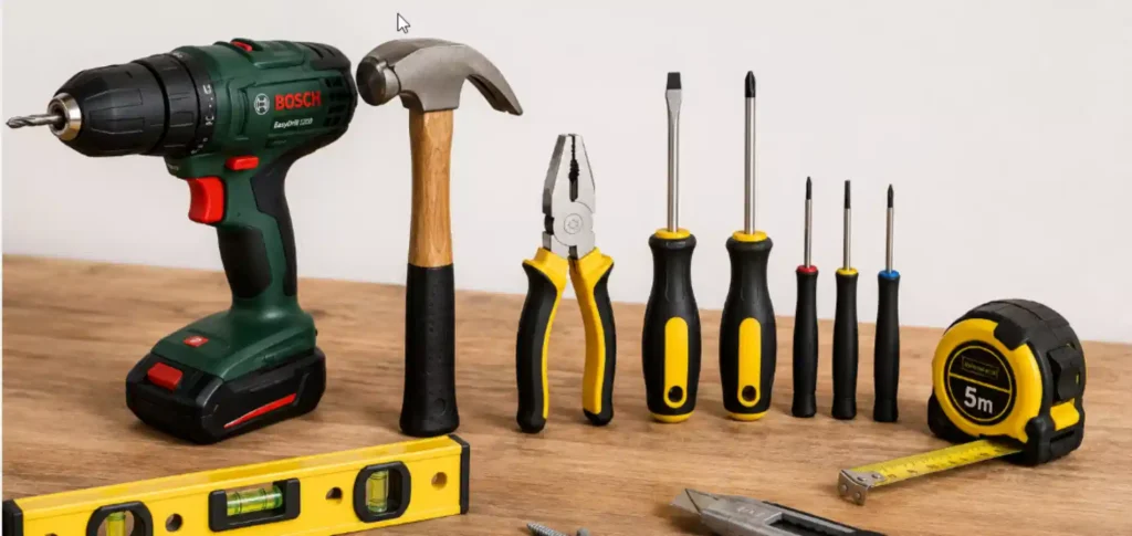 Herramientas básicas de bricolaje para casa con taladro, martillo, alicates y cinta métrica