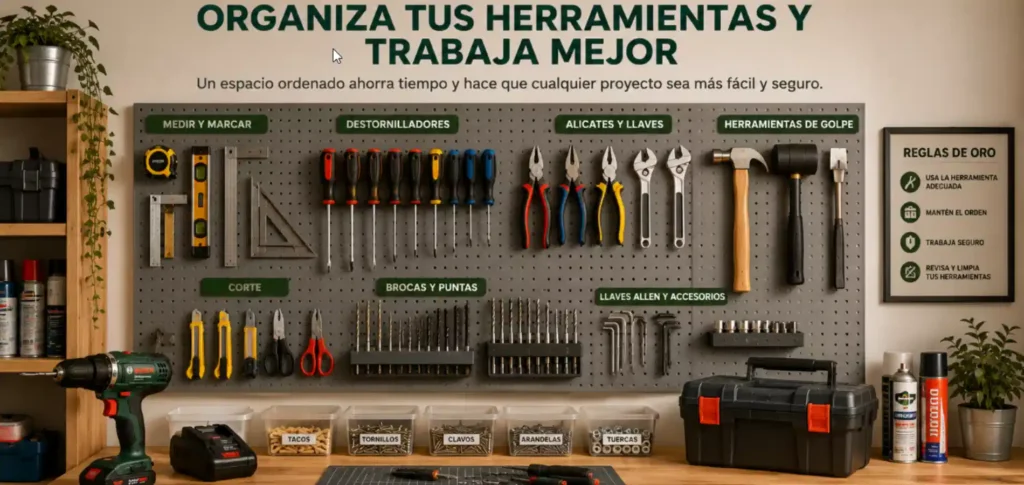 Herramientas de bricolaje organizadas en un banco de trabajo doméstico