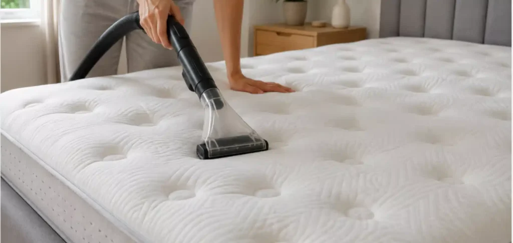 Persona aspirando el colchón para eliminar los ácaros de la cama