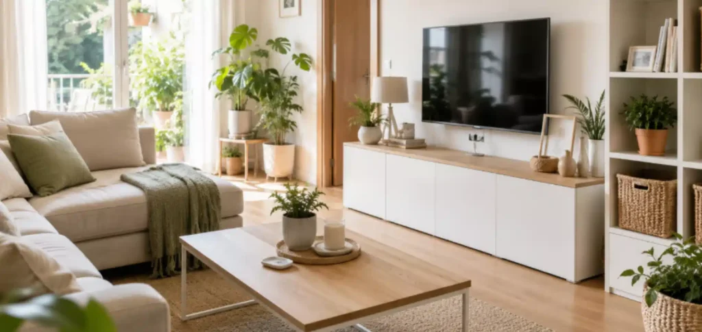 Salón limpio y organizado para una rutina de limpieza del hogar