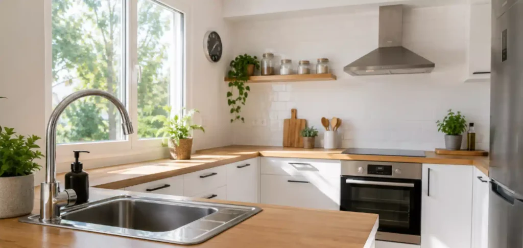 Cocina limpia y ordenada después de realizar la limpieza del hogar