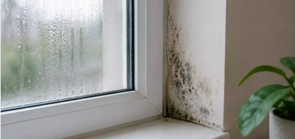 Humedad y moho junto a una ventana con condensación en casa